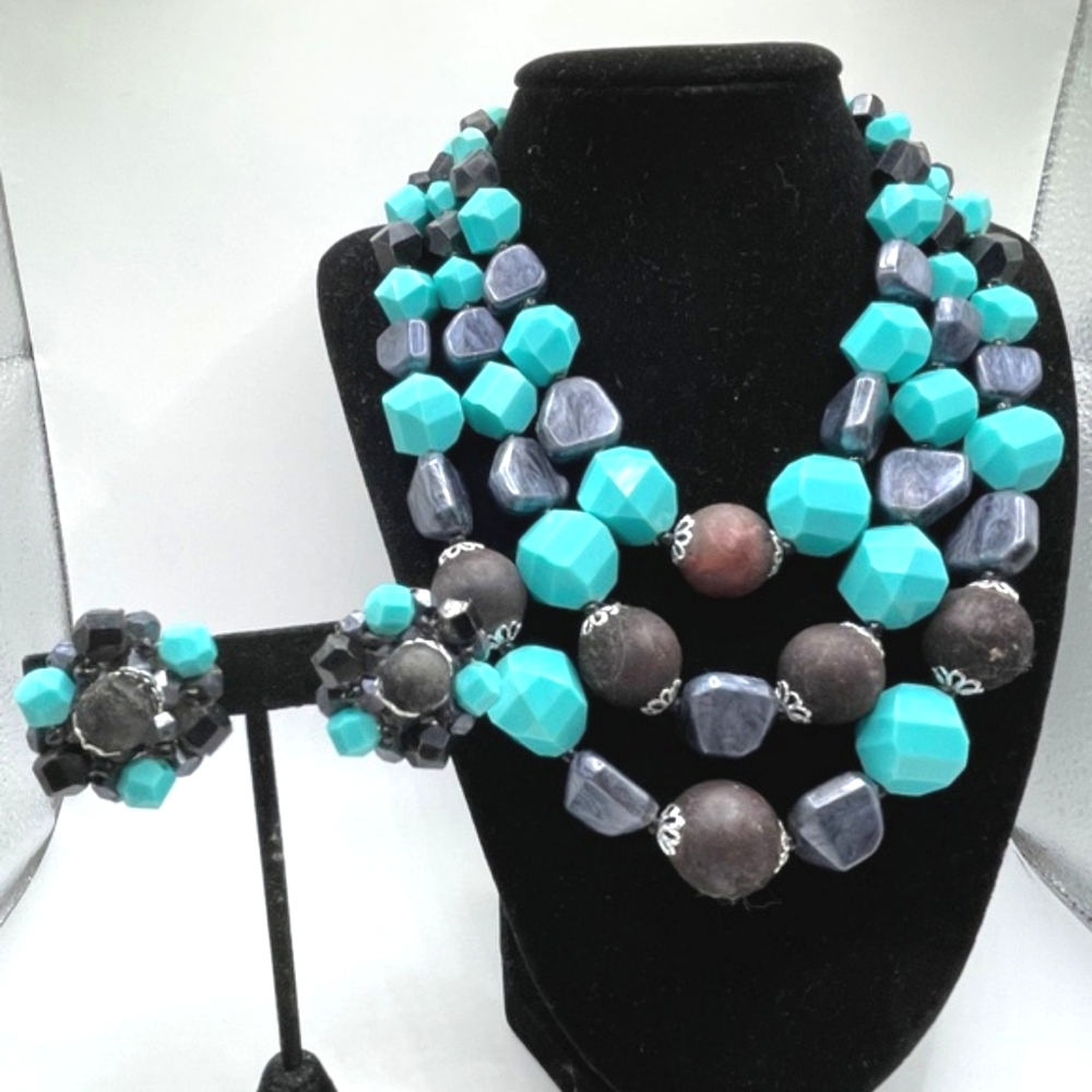 Vintage Signed Germany Turquoise Black Silver Tone Beaded Necklace Clip Earrings